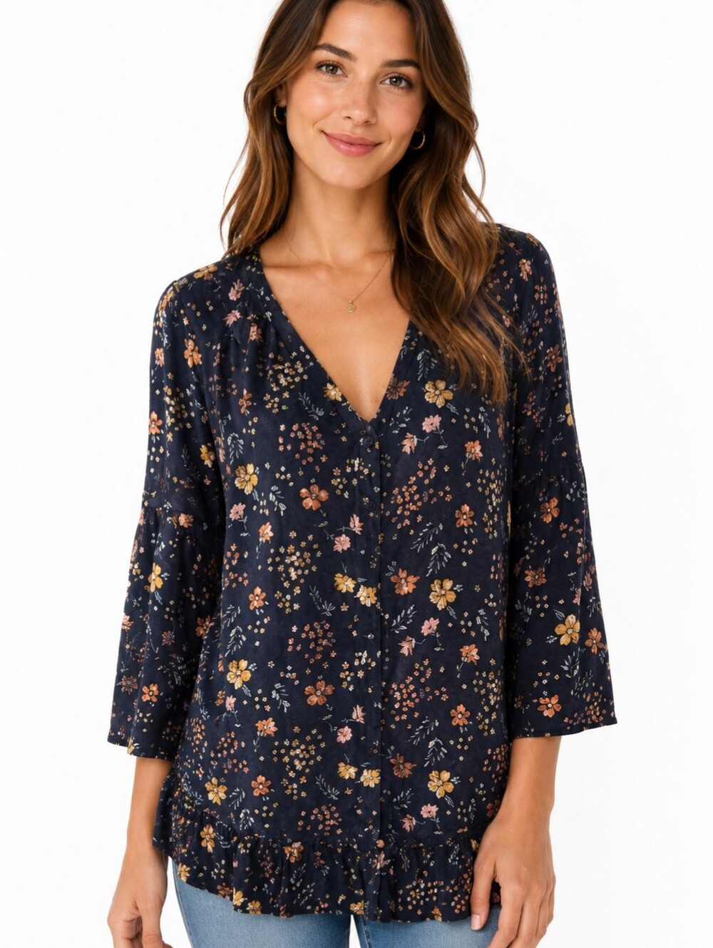 Saltwater Luxe Navy Floral Boho Tunic Blouse Rayon Ruffle Hem Small